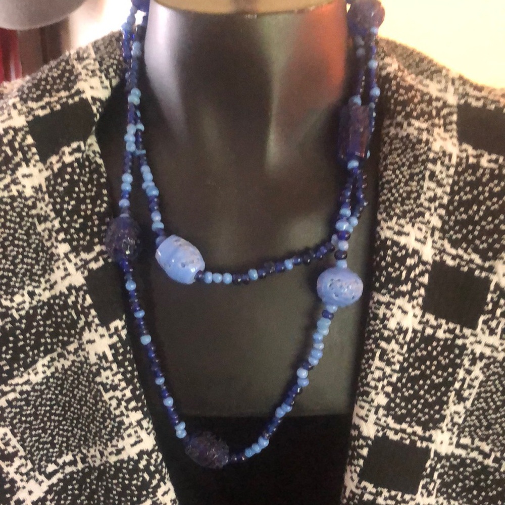 Handmade Blue Glass Bead Necklace 38”